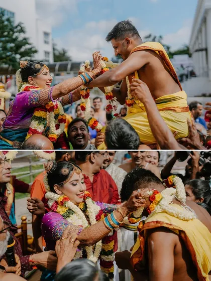 The Maalai Maatral is a beautiful, playful ritual in Tamil weddings that I love to photograph. Capturing the fun, the effort, and the surrounding cheers of the family makes for a dynamic and unforgettable memory of the main wedding day.