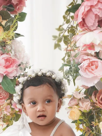 A close-up portrait of a beautiful baby girl with a pearl-adorned headband, framed by an elegant floral swing.