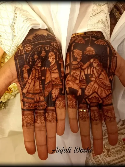 Grooms deserve beautiful mehendi too. This design features a full narrative scene of a traditional Indian wedding ceremony, including the varmala exchange, making it a stunning and meaningful piece for the groom.