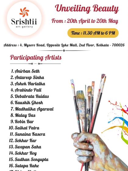 An invitation flyer for my group exhibition 'Unveiling Beauty' at Srishti Art Gallery in Kolkata, listing all participating artists.