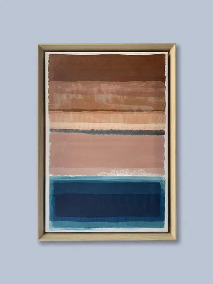 A second abstract piece from the same series, showcasing a different composition of color blocks. The consistent use of the light wood floater frame creates a cohesive look when the pieces are displayed together.