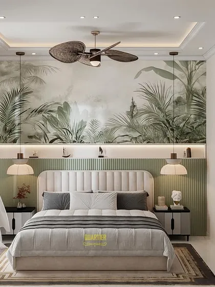This 3D render for a daughter's bedroom at ATS Rhapsody uses a nature-inspired theme with a large botanical mural and a soft green fluted panel behind the bed. The design is fresh, modern, and calming.