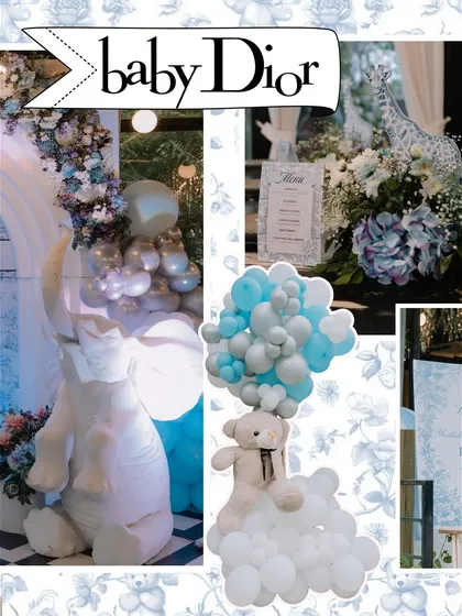 A collage showcasing the key elements of the 'baby Dior' theme: a large elephant prop, giraffe centerpiece, and teddy bear balloon decorations in a cohesive blue and white palette.