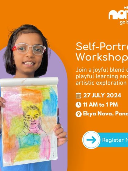 A student holds up her completed self-portrait, a joyful blend of drawing and coloring. My Self-Portrait Workshop is a popular event that encourages artistic exploration and self-expression.
