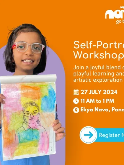 A student holds up her completed self-portrait, a joyful blend of drawing and coloring. My Self-Portrait Workshop is a popular event that encourages artistic exploration and self-expression.