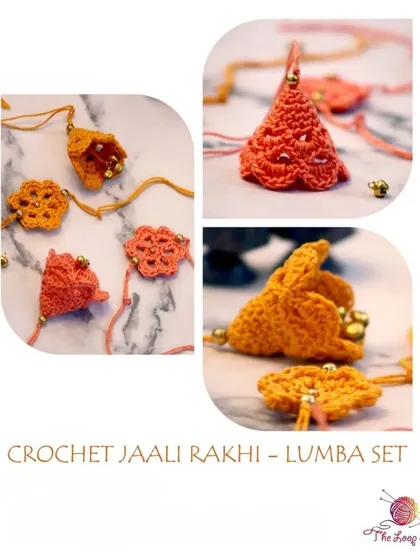 This unique Jaali Rakhi and Lumba set features an intricate, lace-like crochet pattern.