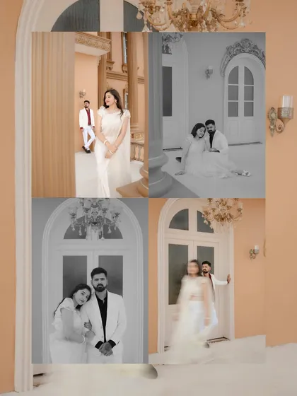 A four-panel collage showing a mix of color and black and white images from the mansion shoot. This provides a beautiful overview of the session, capturing both posed portraits and candid moments.