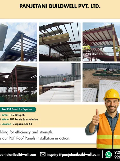 This collage showcases our PUF roof panel installation for a large-scale project in Gurgaon. We focus on building for efficiency and strength, ensuring every panel contributes to a durable and energy-efficient structure.