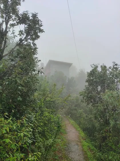 A misty morning walk. The path leading to the retreat shrouded in fog, capturing the quiet, mystical charm of the mountains.