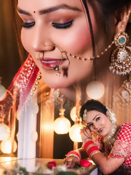 A dreamy collage of the bride, blending a close-up of her makeup with a seated portrait.