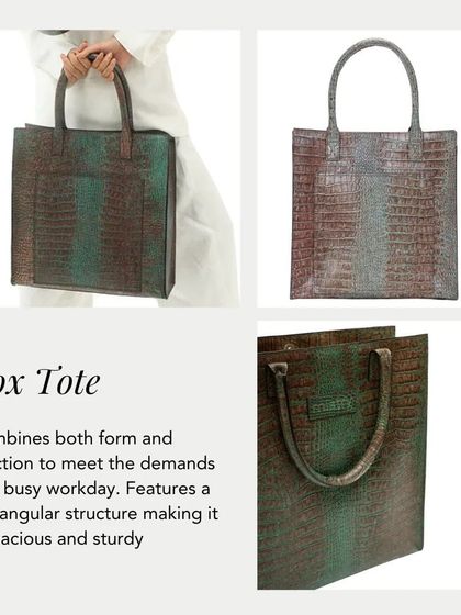 The Box Tote, combining both form and function to meet the demands of a busy workday. Its rectangular structure makes it spacious and sturdy.