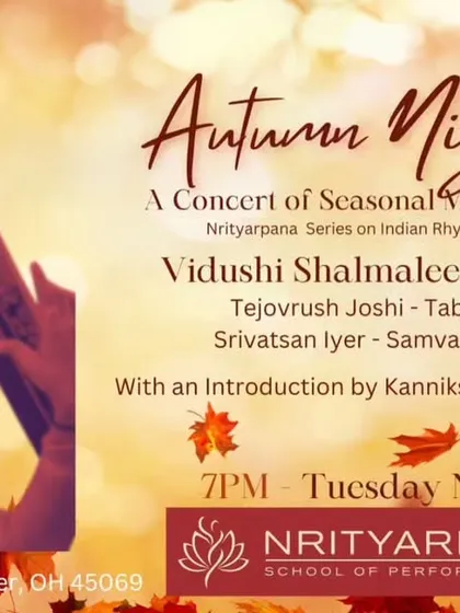 Poster for an 'Autumn Nights' concert of seasonal melodies in Cincinnati, Ohio, with my Aai.