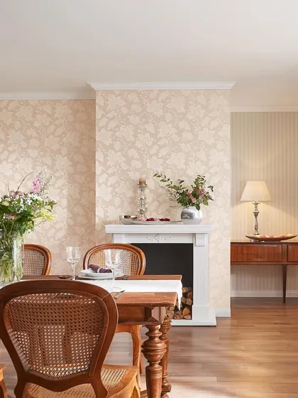 A subtle leaf pattern in a neutral beige, perfect for a classic dining room. It provides an elegant backdrop without overwhelming the space, allowing the wooden furniture to shine.