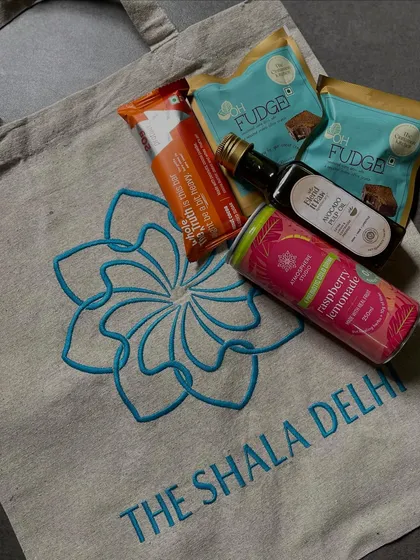 We love curating thoughtful goodie bags for our private events. This one for a birthday celebration included healthy treats and wellness products to complement the mindful experience on the mat.