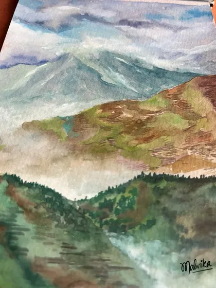 A dreamy watercolor landscape of mountains shrouded in mist. The layers of green and brown hills fading into the clouds create a sense of depth and tranquility. This piece is about getting lost in daydreams of distant lands.