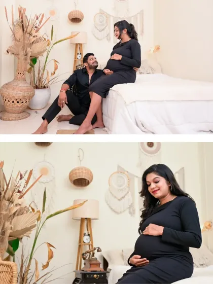 A pair of photos capturing both a solo portrait and a couple's moment in our cozy Boho setup. The all-black outfits create a modern and chic look against the natural decor.