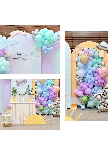 A collage showcasing our 'First Trip Around the Sun' space theme. The decor features pastel colors, planet and star props, and a light-up '1' sign.