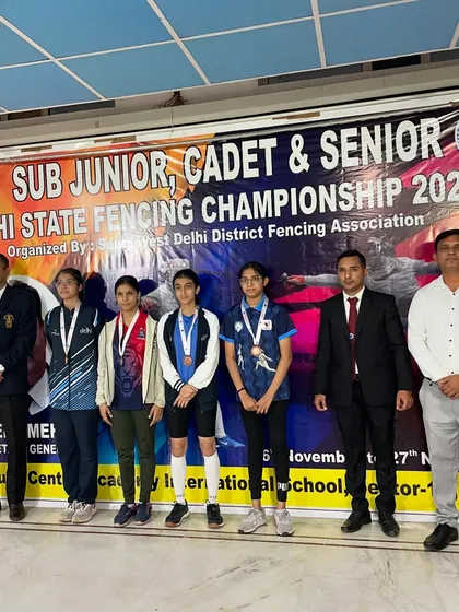 The girls' team showcasing their success at the Delhi State Fencing Championship. These fencers brought home medals in sub-junior foil, epee, and cadet sabre categories.
