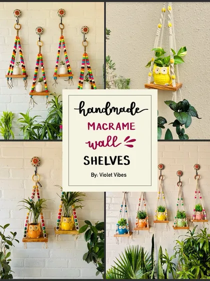 We offer a wide variety of handmade macrame wall shelves to help you create your own green corners. This collage showcases different styles, from colorful beaded shelves to simple, rustic designs, each perfect for holding small planters, books, or keepsakes.