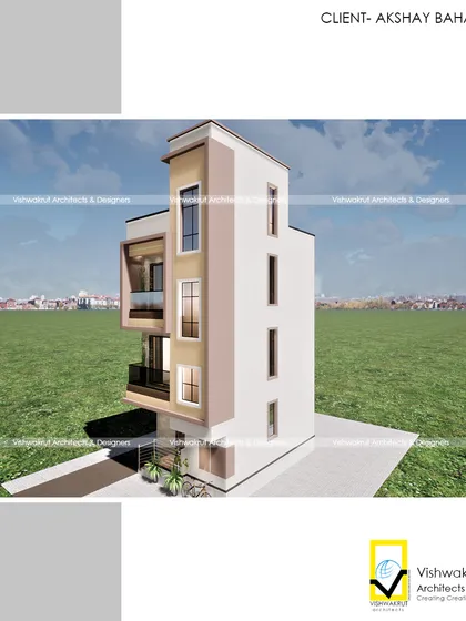 A side angle of the 'Eifel Tower' project, emphasizing its verticality and how we use different materials and textures to break the monotony of a tall, narrow structure.