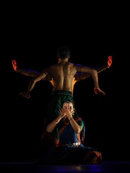 The back view of a multi-armed pose in 'Nagamandala', showing the physical strength and precision required from the dancers to create these illusions.