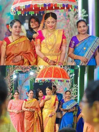 The bride's grand entrance under a traditional umbrella, surrounded by the important women in her life. This is a beautiful processional moment I love to capture.