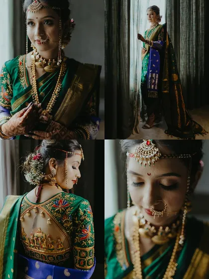 A quad of bridal portraits showcasing the intricate details of a Maharashtrian bride's look, from her Nath to the detailed embroidery on her blouse.