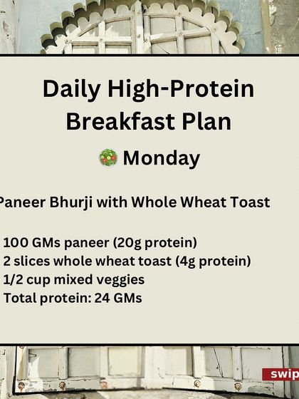 Monday's high-protein breakfast idea: Paneer Bhurji with whole wheat toast. This simple meal provides about 24 grams of protein to start your week strong.