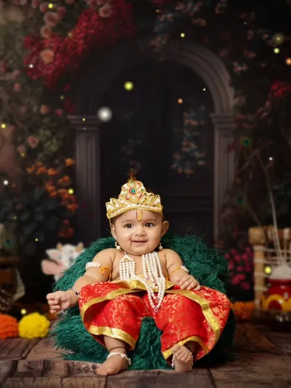 This little Krishna, with his golden crown, looks so regal and happy. We have a variety of beautiful outfits and props for babies of all sizes for our Janmashtami mini-sessions.