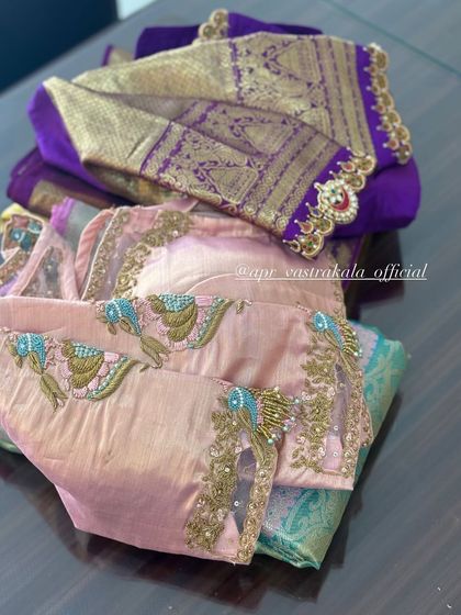 A collection of blouses with unique back designs and sleeve details.