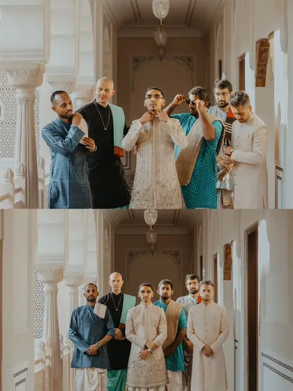 A collage of the groom with his groomsmen, capturing the fun and supportive moments before the ceremony.