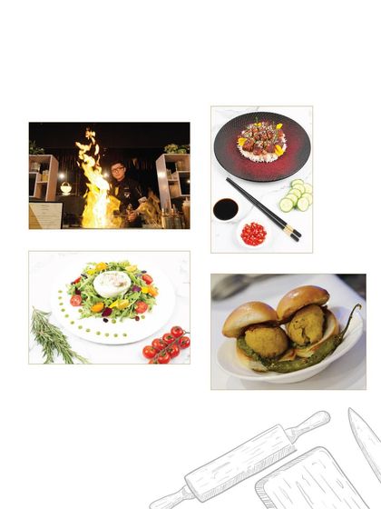 A collage showcasing the variety of our live cooking and interactive concepts. From a chef creating a dish with dramatic flair to beautifully plated results like tuna tataki and mini sliders, we make the food a central part of the entertainment.