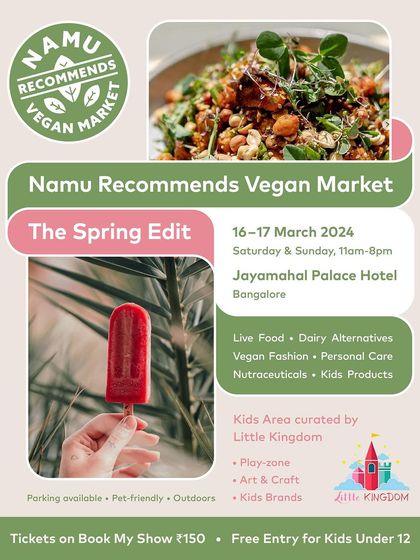 A flyer for the Namu Recommends Vegan Market, highlighting the kids' area curated by Little Kingdom.