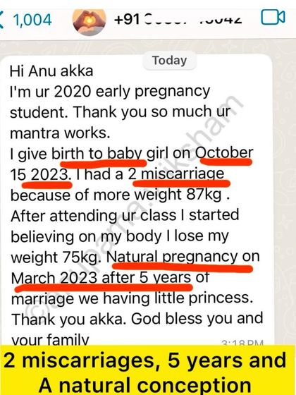 A natural conception after 5 years of marriage and 2 miscarriages. This student lost weight and started believing in her body after attending my class.
