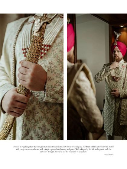 A collage of Samuel getting ready, showing him adjusting his sherwani and a close-up of his kirpan, capturing the essence of a Sikh groom.