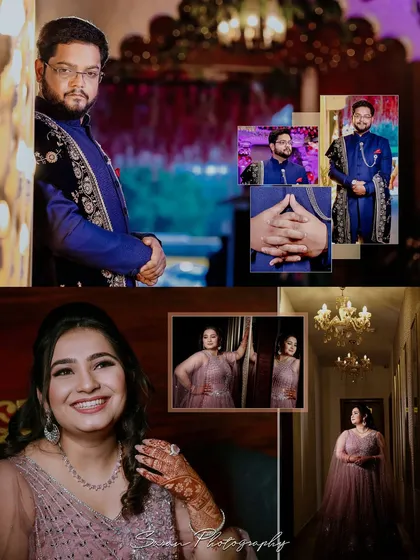 A detailed album page from an engagement, showcasing individual portraits of the bride and groom in their elegant attire.
