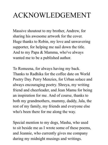 The acknowledgement page from a book by one of our poets, with a special mention for Urban Solace. We are overjoyed to be a part of so many creative journeys.