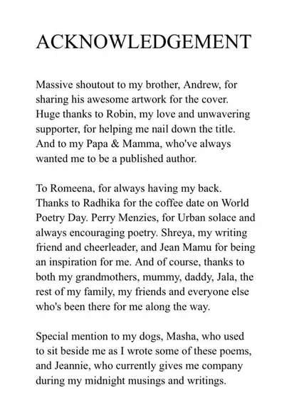 The acknowledgement page from a book by one of our poets, with a special mention for Urban Solace. We are overjoyed to be a part of so many creative journeys.