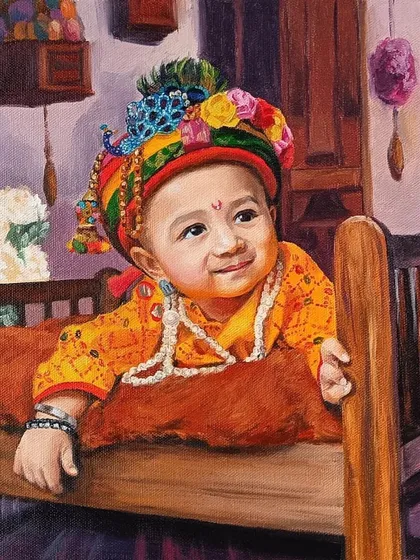 Capturing the innocence and charm of a child is a special joy. This custom oil portrait reimagines a baby as little Kanha, complete with a colorful turban and a sweet expression. These paintings make for unforgettable first birthday gifts and family treasures.