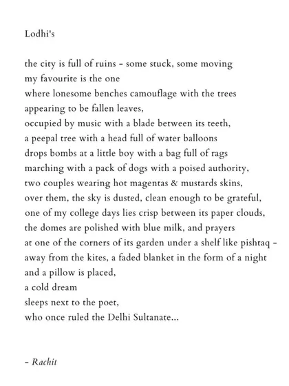 A poem of my own, 'Lodhi's'. My personal writing is the wellspring for my workshops. It’s my way of paying attention to the world, and I hope to help you find your own way of doing the same.