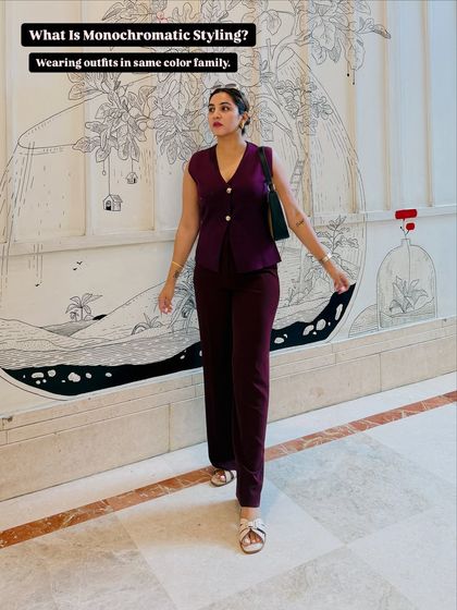 What is monochromatic styling? It's wearing outfits in the same color family. This wine-colored waistcoat and pants set creates a seamless, elongated look that is both chic and powerful.