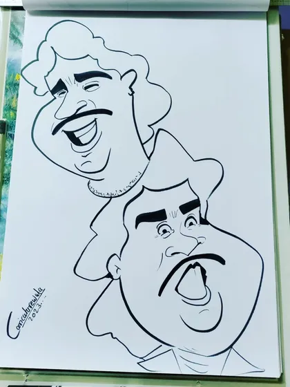 Can you guess the actor? A caricature showing two very different expressions from a famous movie star.