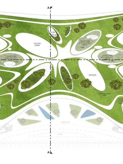 A detailed plan of the roof garden, showing the arrangement of different plant zones and recreational areas.