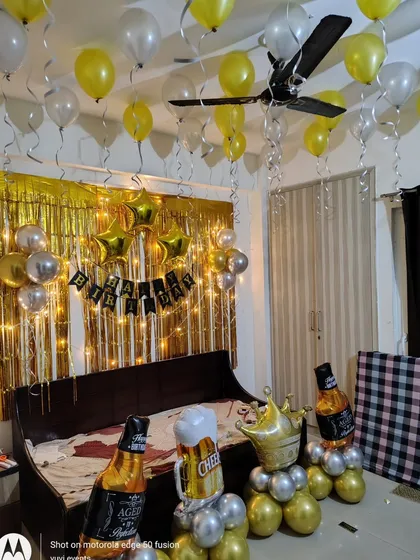 A full view of the themed birthday room decoration, perfect for a fun-loving adult.