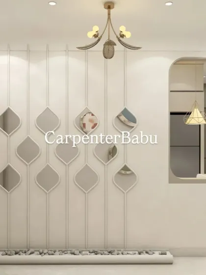 A unique partition wall with leaf-shaped mirror inlays. This design element not only separates spaces but also acts as a piece of art, reflecting light and adding a decorative touch.