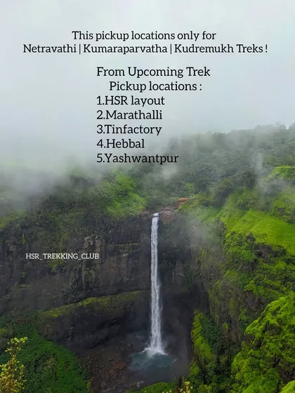 Another poster showing the pickup locations for Nethravathi, Kumaraparvatha, and Kudremukh treks.