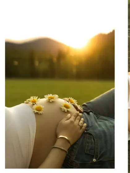 A collage combining a close-up of the daisy-adorned baby bump with a wider shot of the couple relaxing, showing both the creative details and the overall romantic scene.