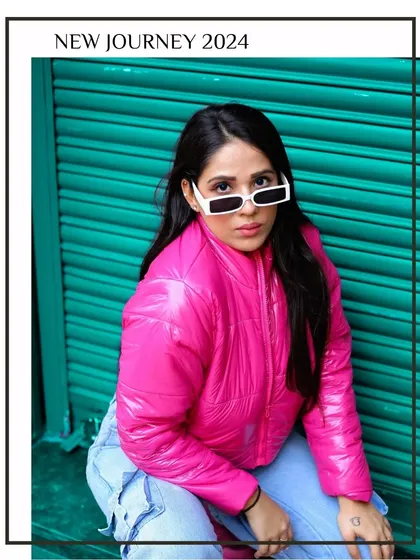 This shot combines a vibrant outfit with a bold, graphic edit. The bright pink jacket pops against the green shutters, creating a high-energy image perfect for a fashion influencer looking to make a statement.