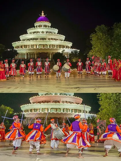 The vibrant culture of India comes alive at our events. This image shows a traditional folk dance performance during the Rajasthan Mahotsav, a festival of colors, music, and devotion held in the presence of Gurudev.