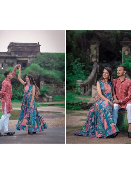 A set of four photos capturing a couple's fun day out for their pre-wedding shoot, including dancing on a path and relaxing on a park bench.